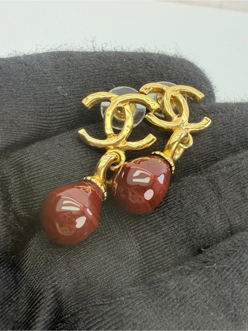 Chanel Gold-Tone CC Drop Earrings with Red Stone 2023